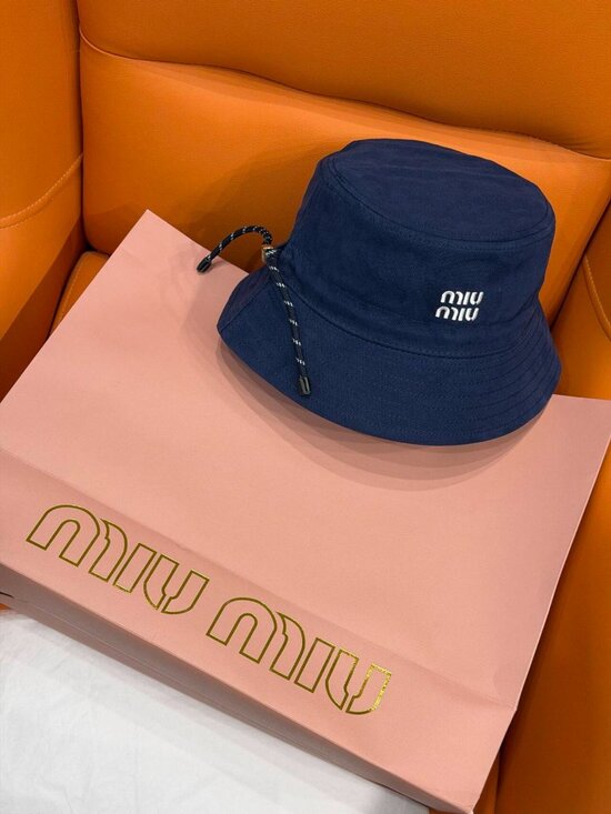 Miu Miu Navy Blue Logo Embroidered Bucket Hat with Drawstring